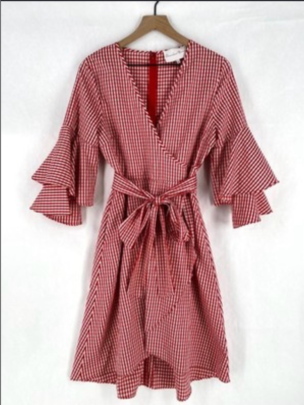 Midi Dress with Tiered Ruffle Sleeves - Red/White